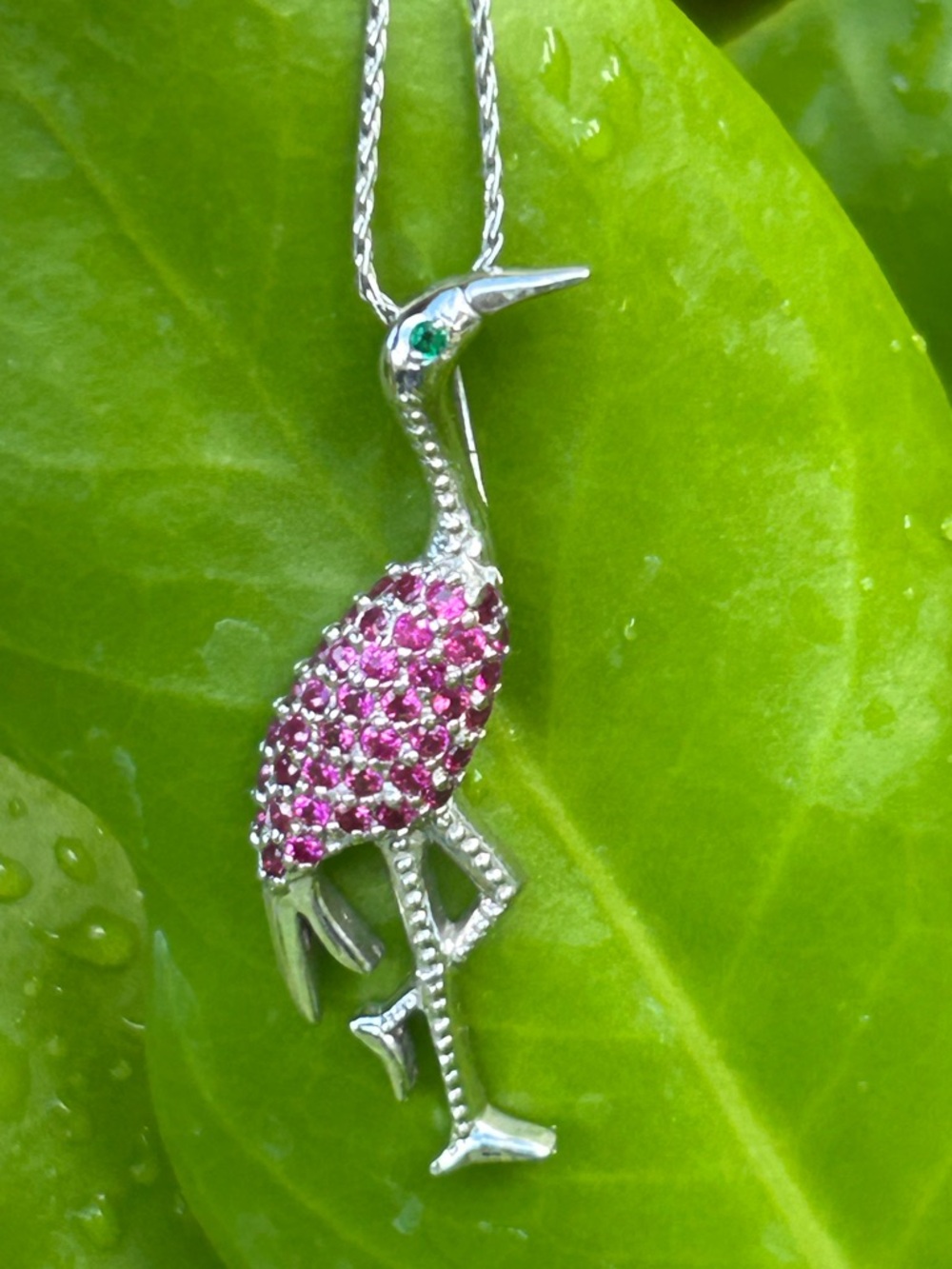 Vintage 14K white Gold pave cluster sapphire emerald bird crane pendant necklace